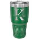 Personalized green 30 oz vacuum insulated tumbler with 'Monogram letter K' design