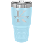 Personalized light blue 30 oz vacuum insulated tumbler with 'Monogram letter K' design