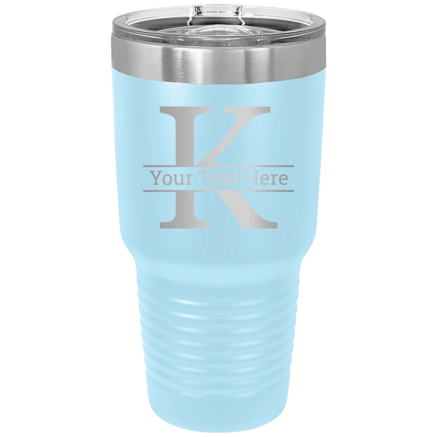Personalized light blue 30 oz vacuum insulated tumbler with 'Monogram letter K' design