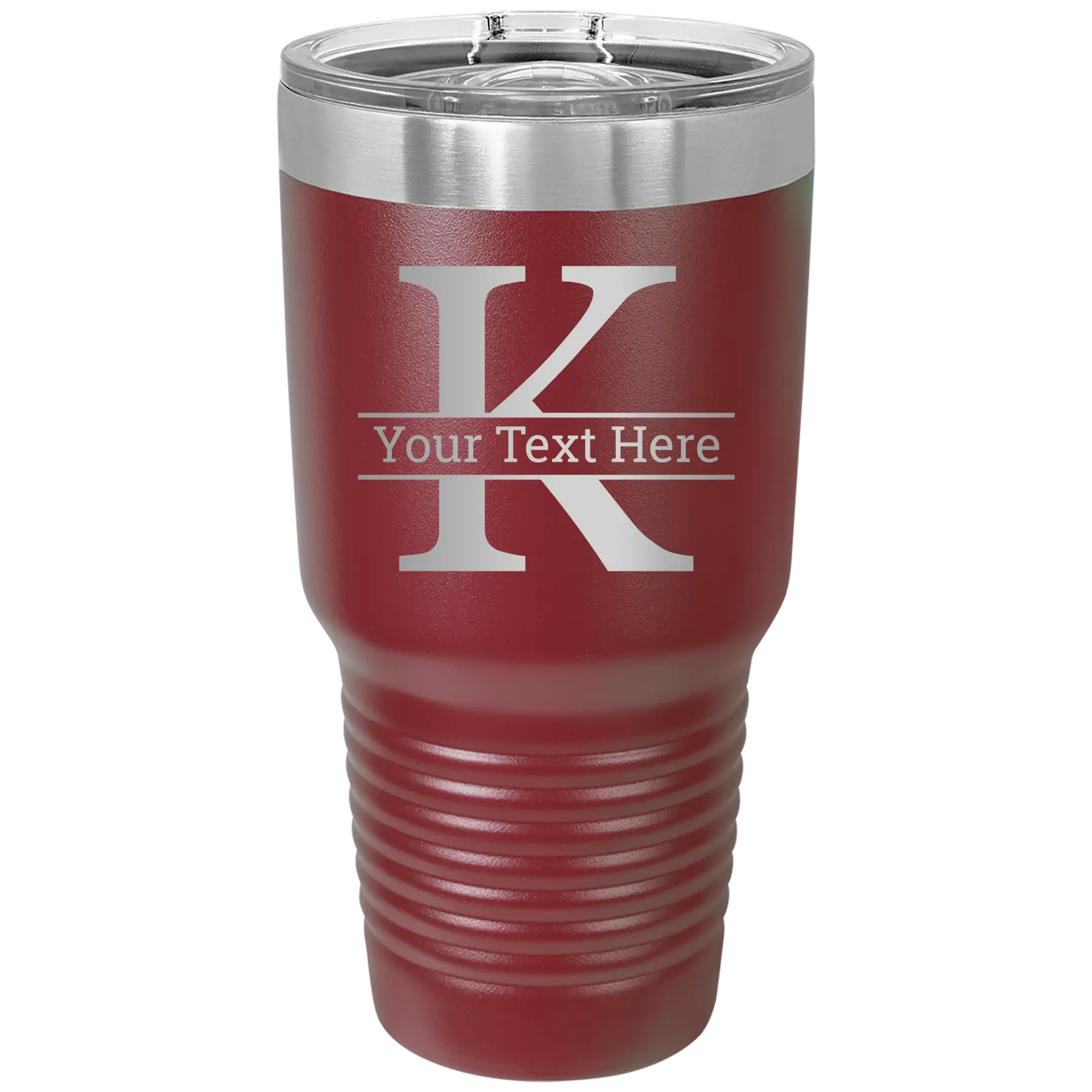 Personalized maroon 30 oz vacuum insulated tumbler with 'Monogram letter K' design