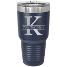 Personalized navy 30 oz vacuum insulated tumbler with 'Monogram letter K' design