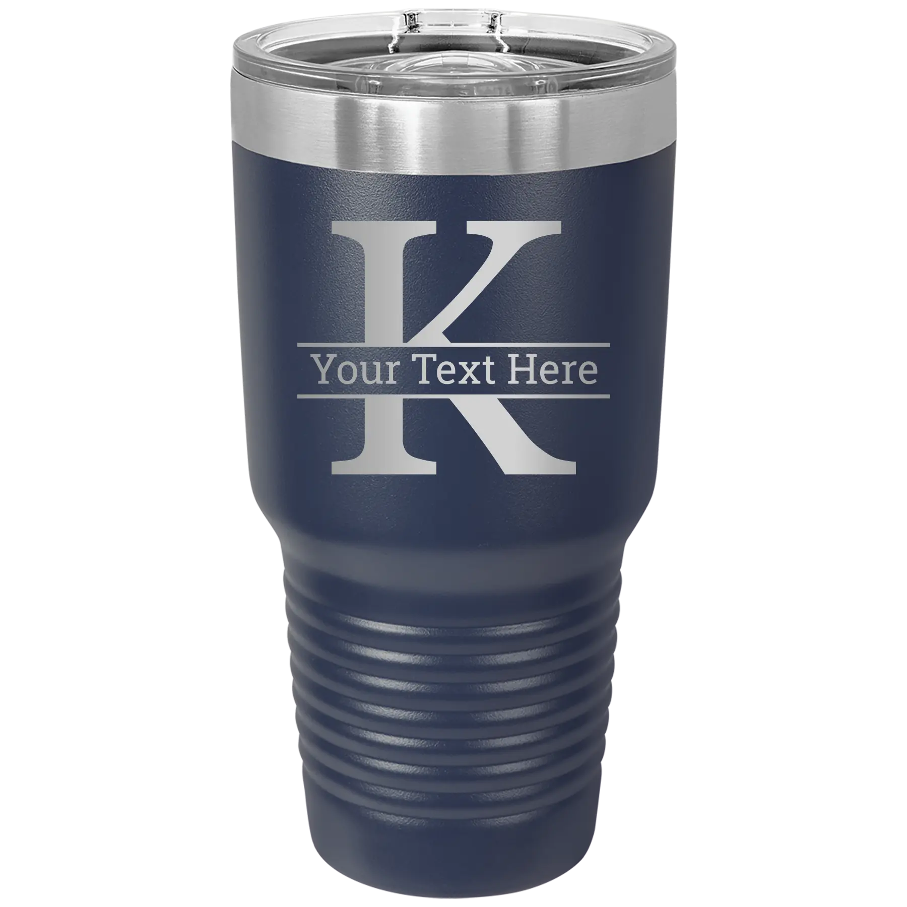 Personalized navy 30 oz vacuum insulated tumbler with 'Monogram letter K' design