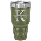 Personalized olive green 30 oz vacuum insulated tumbler with 'Monogram letter K' design