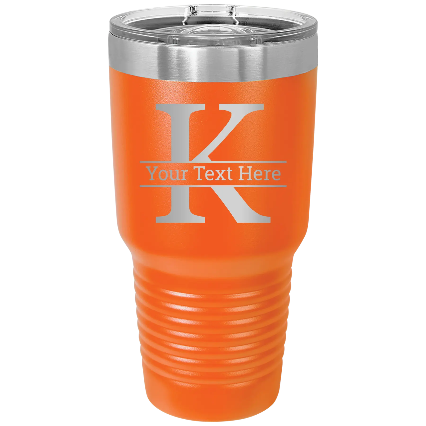 Personalized orange 30 oz vacuum insulated tumbler with 'Monogram letter K' design