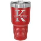 Personalized red 30 oz vacuum insulated tumbler with 'Monogram letter K' design