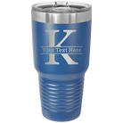 Personalized royal blue 30 oz vacuum insulated tumbler with 'Monogram letter K' design