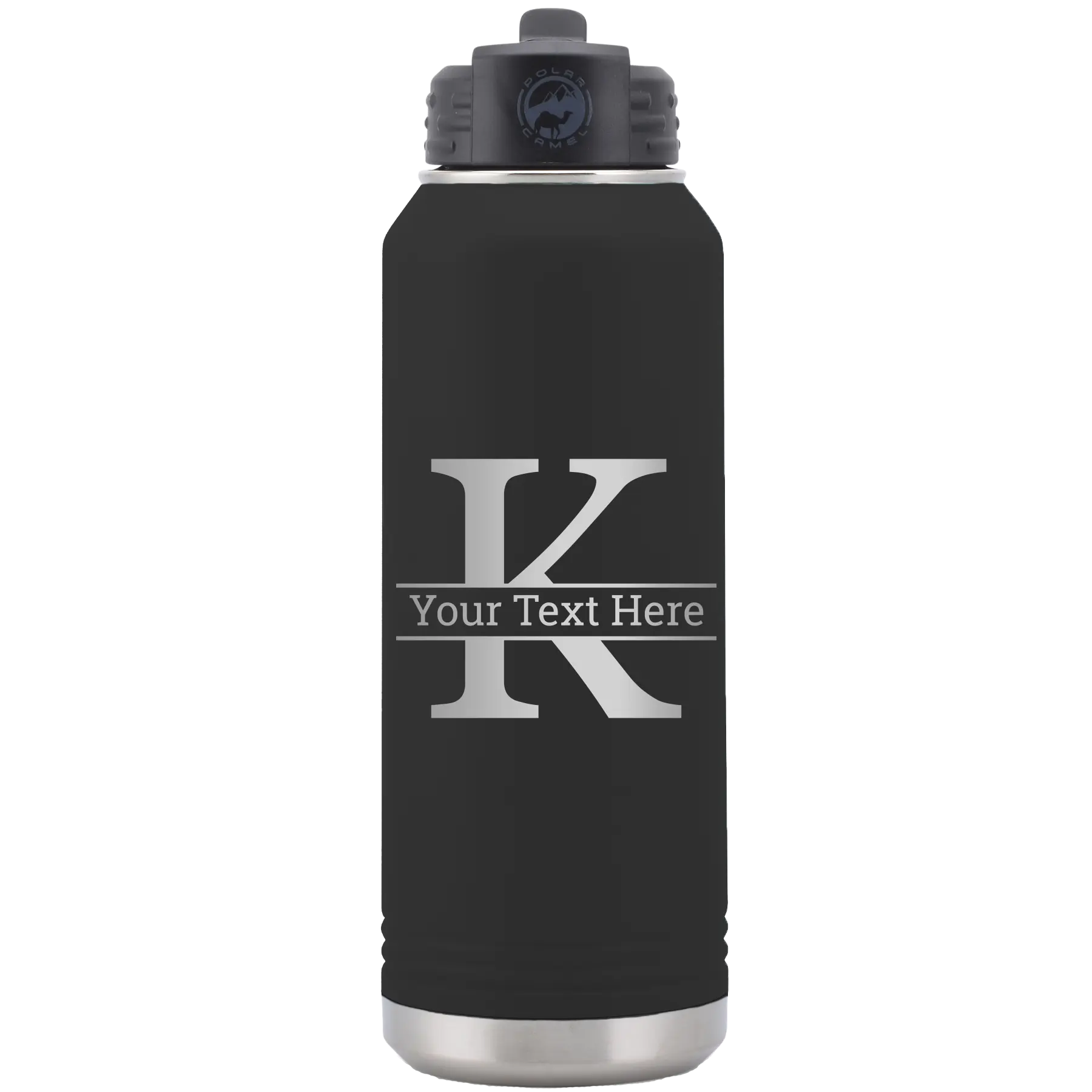 Personalized black 32 oz vacuum insulated water bottle with 'Monogram letter K' design