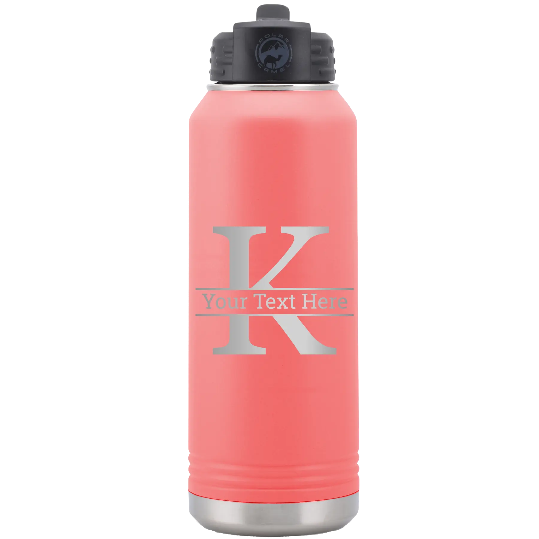 Personalized coral 32 oz vacuum insulated water bottle with 'Monogram letter K' design