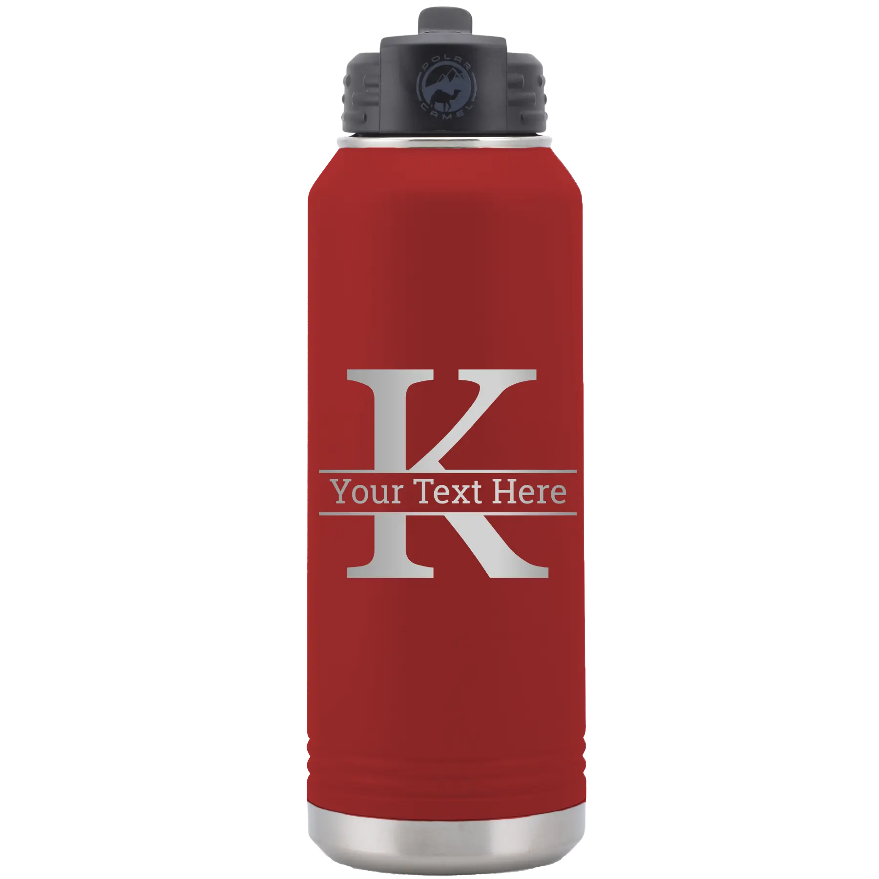 Personalized maroon 32 oz vacuum insulated water bottle with 'Monogram letter K' design
