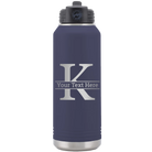 Personalized navy 32 oz vacuum insulated water bottle with 'Monogram letter K' design