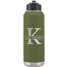 Personalized olive green 32 oz vacuum insulated water bottle with 'Monogram letter K' design