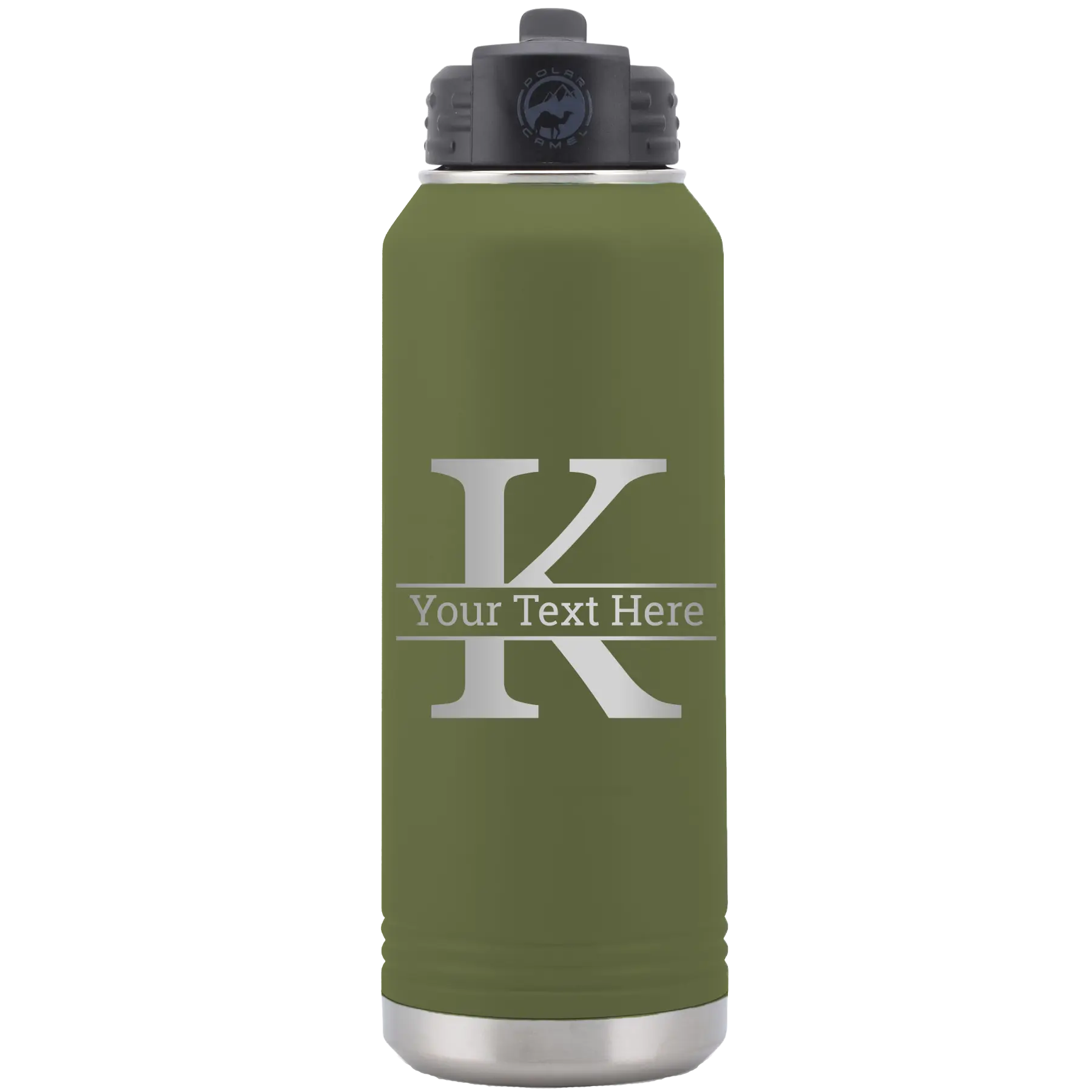 Personalized olive green 32 oz vacuum insulated water bottle with 'Monogram letter K' design