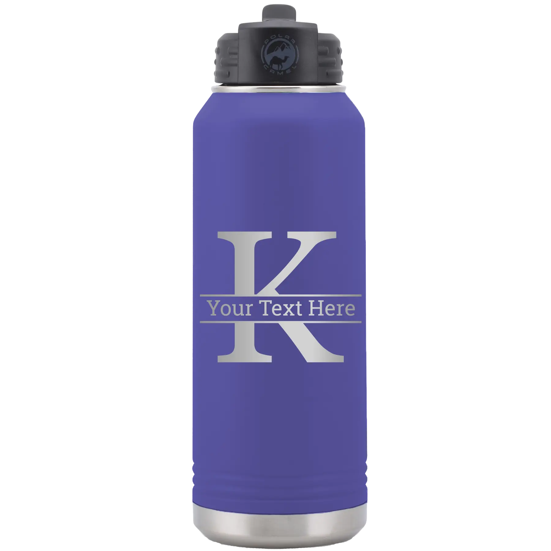 Personalized purple 32 oz vacuum insulated water bottle with 'Monogram letter K' design