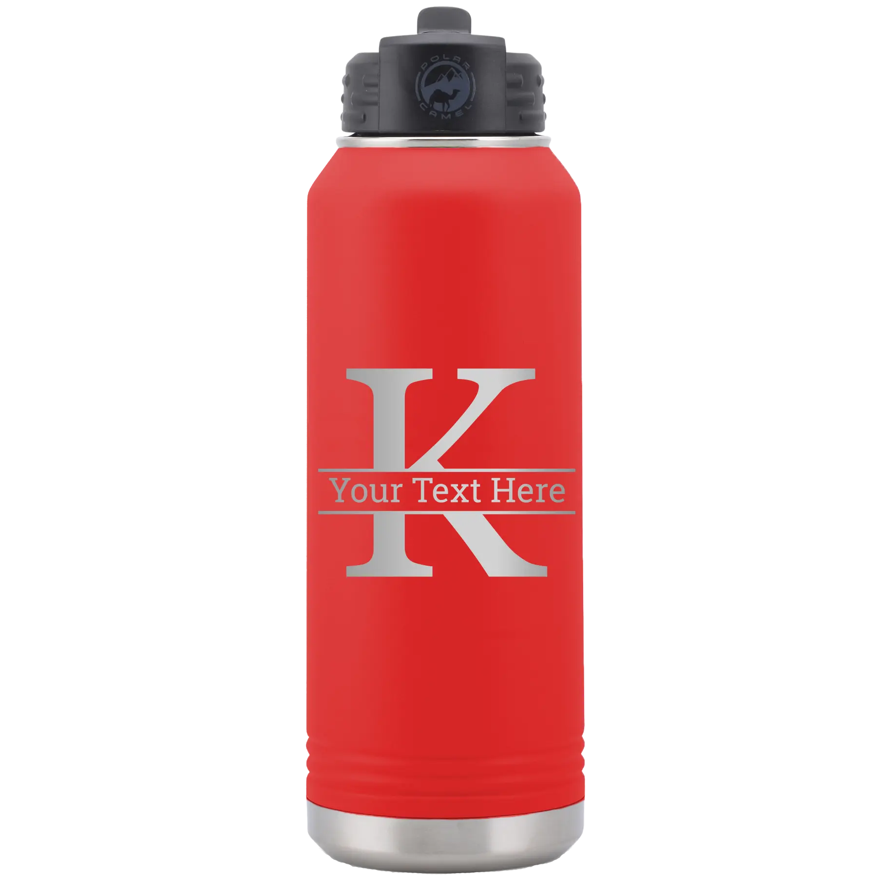 Personalized red 32 oz vacuum insulated water bottle with 'Monogram letter K' design