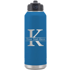 Personalized royal blue 32 oz vacuum insulated water bottle with 'Monogram letter K' design
