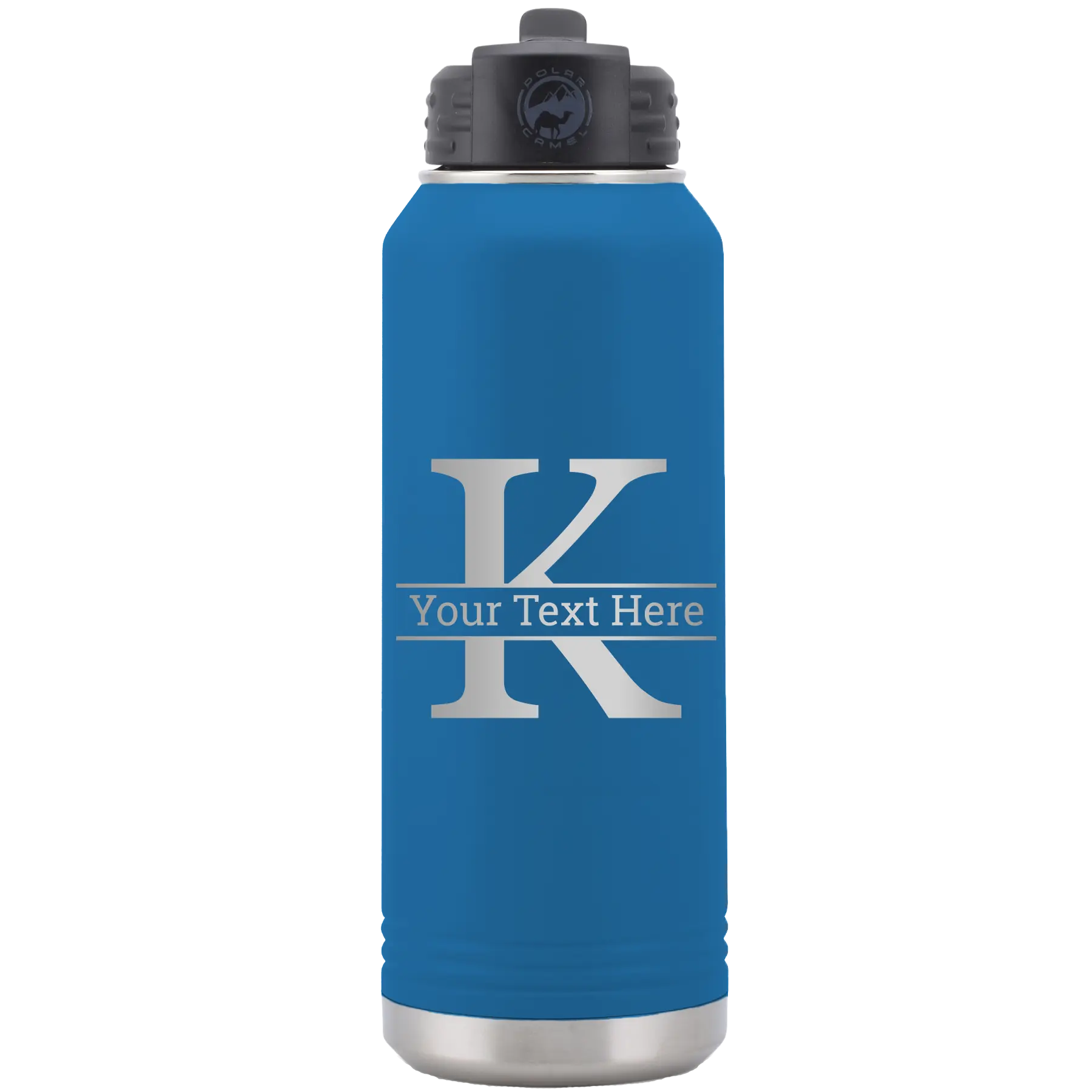Personalized royal blue 32 oz vacuum insulated water bottle with 'Monogram letter K' design