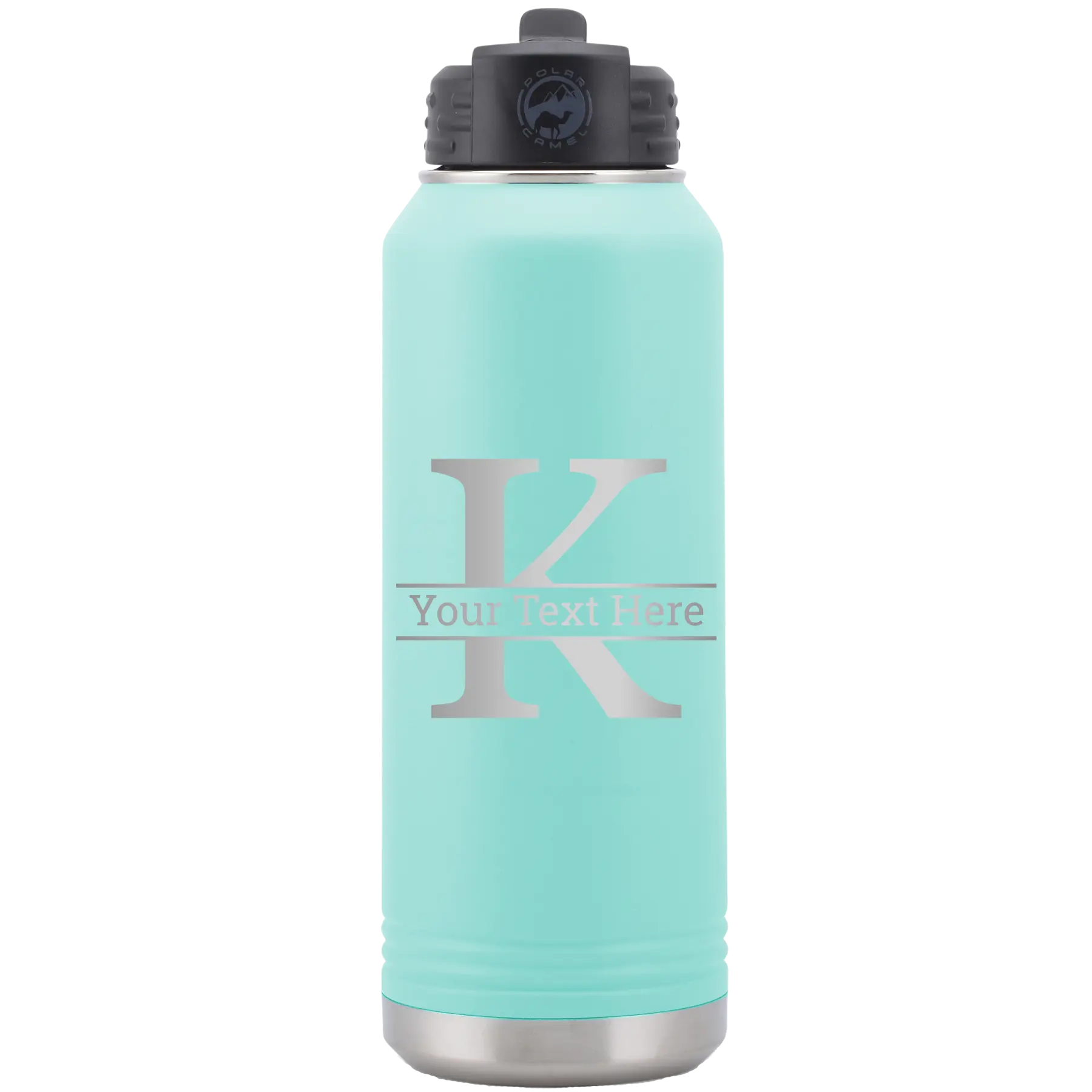 Personalized teal 32 oz vacuum insulated water bottle with 'Monogram letter K' design