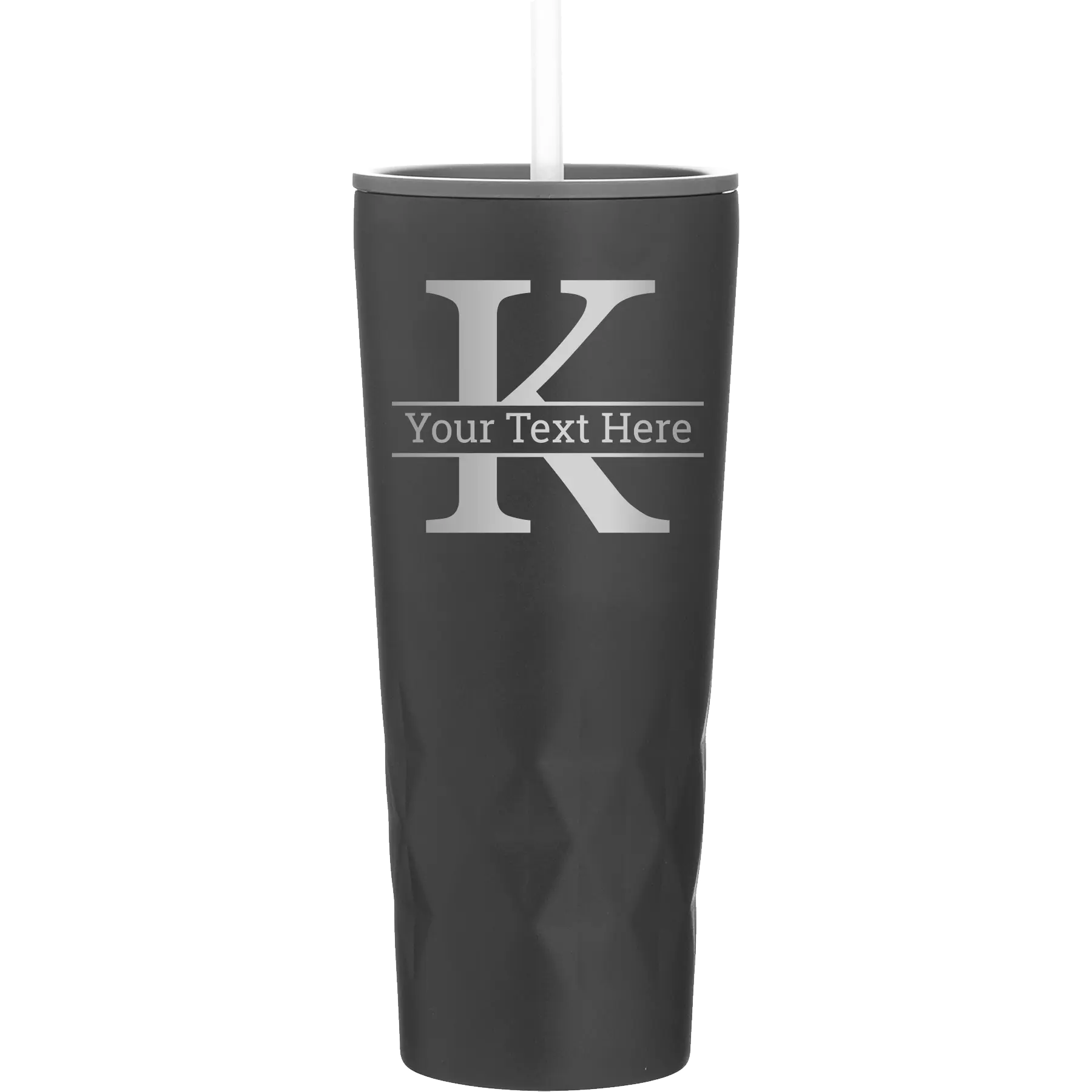 Personalized black 20 oz vacuum insulated tumbler with 'Monogram letter K' design
