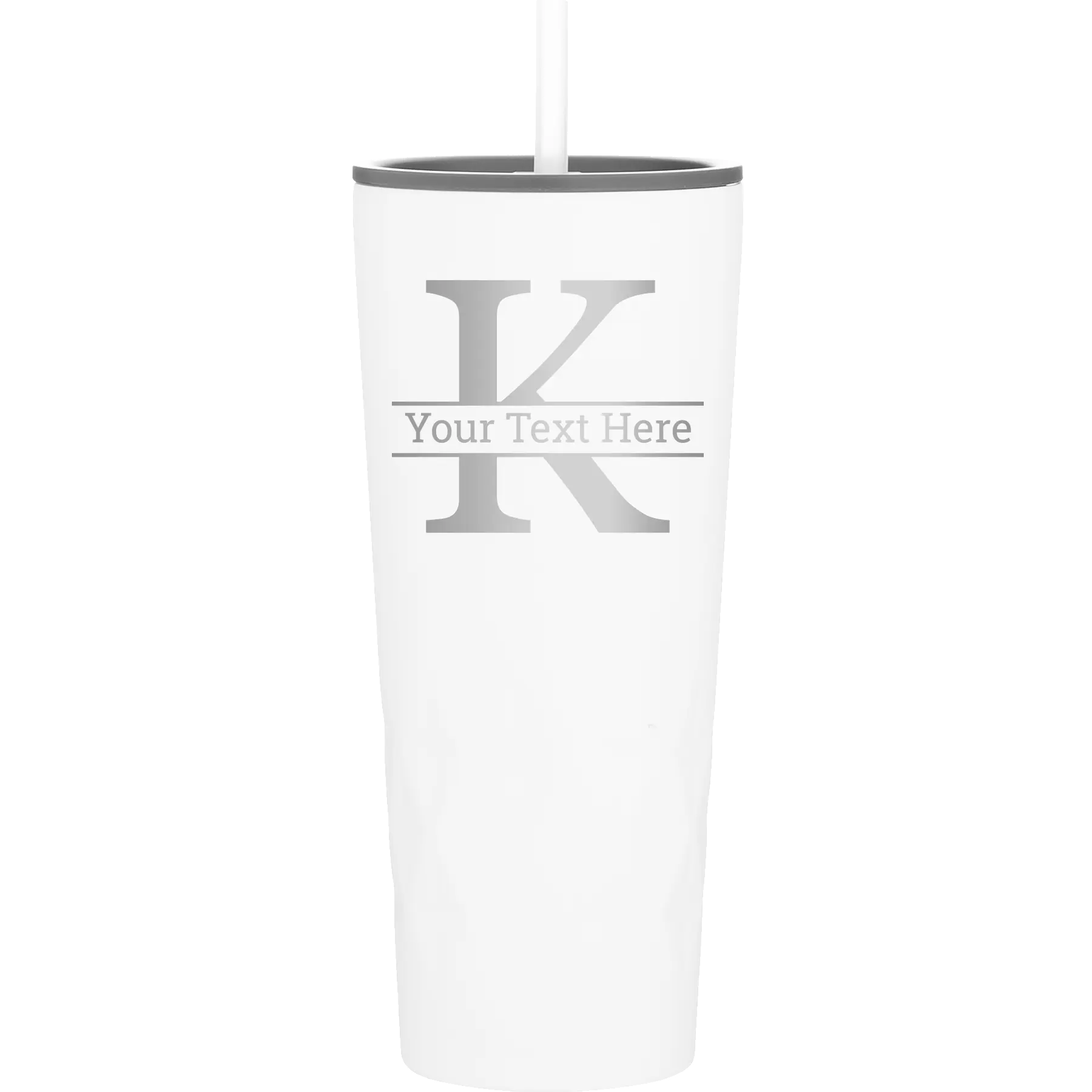 Personalized white 20 oz vacuum insulated tumbler with 'Monogram letter K' design