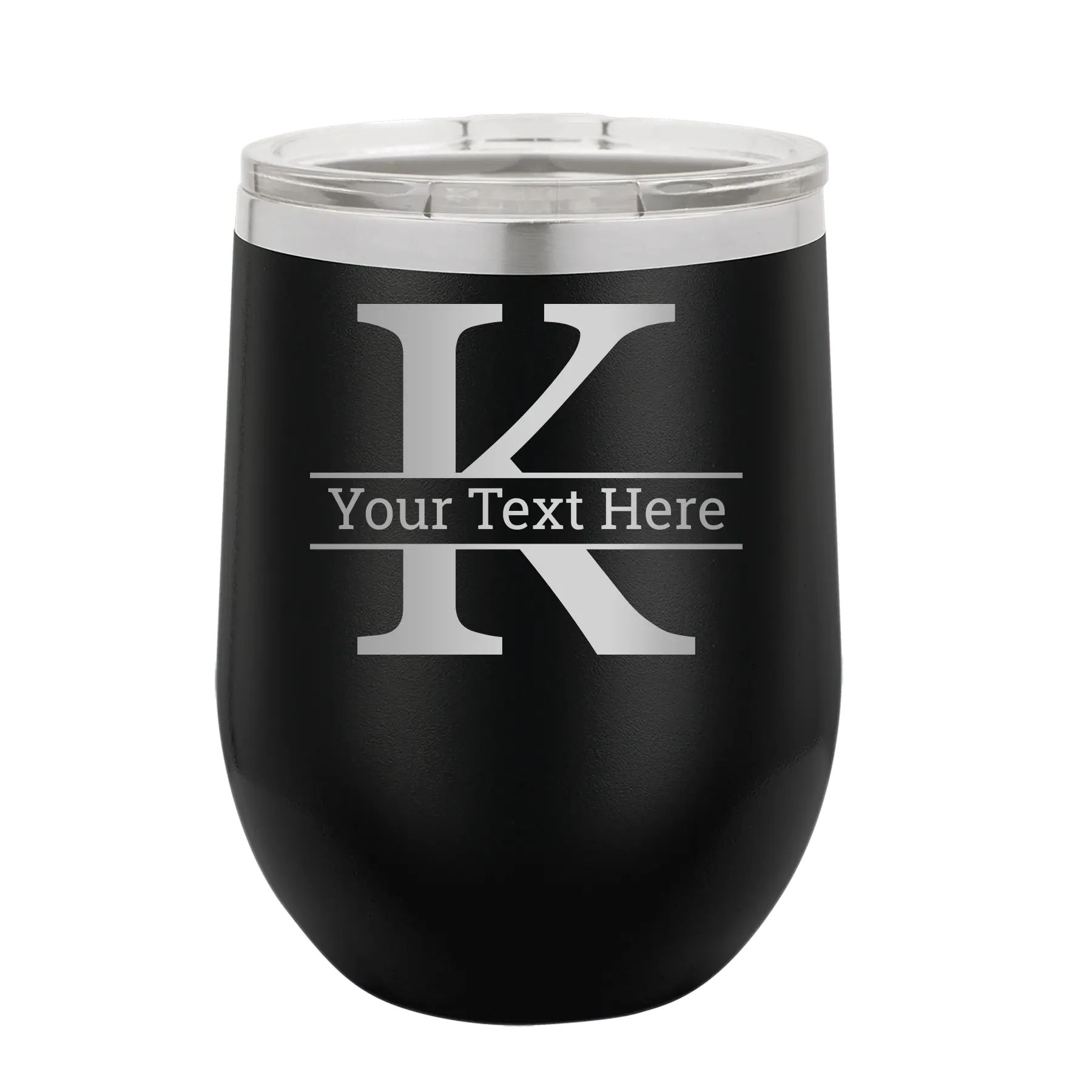 Personalized black 12 oz vacuum insulated wine cup with 'Monogram letter K' design