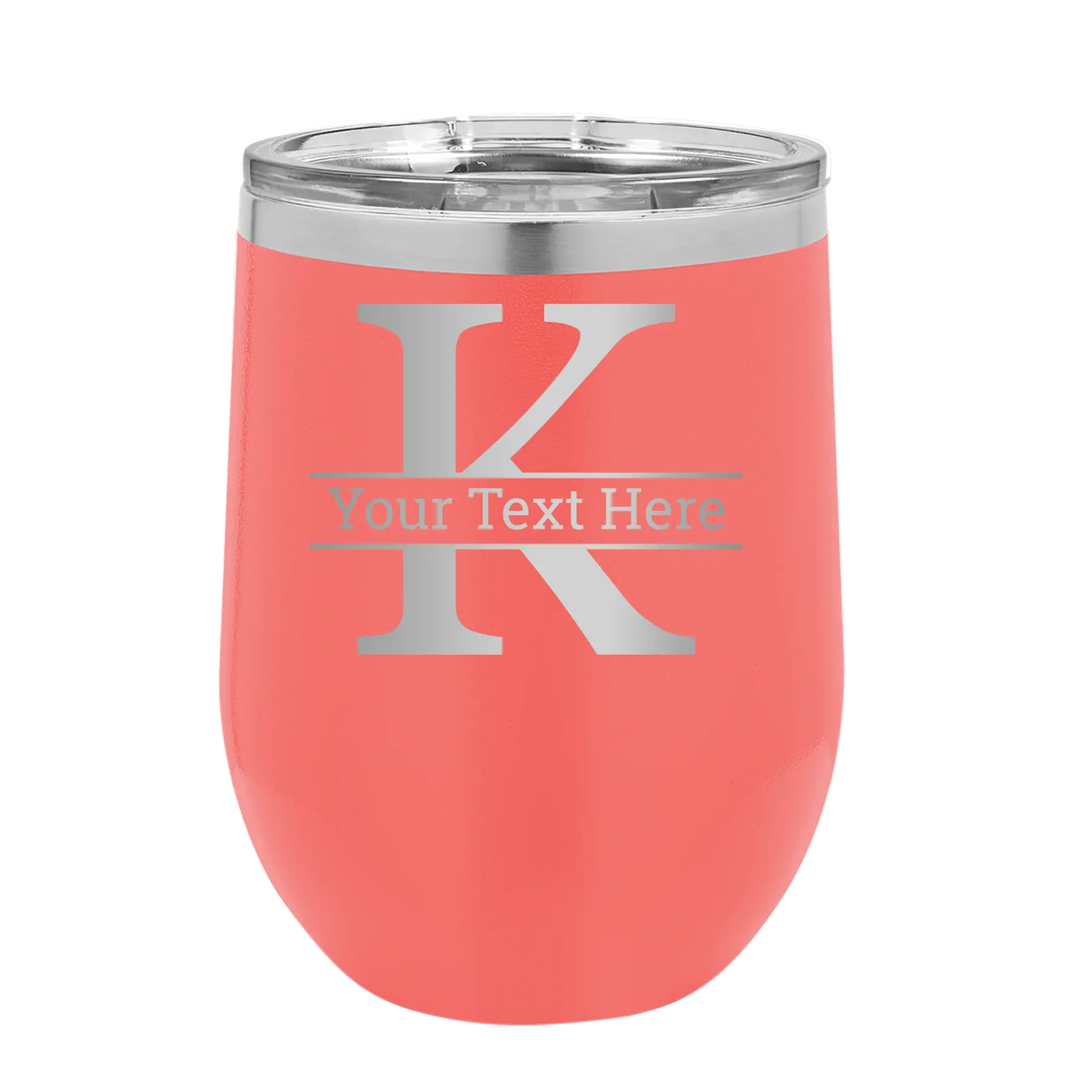 Personalized coral 12 oz vacuum insulated wine cup with 'Monogram letter K' design