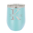 Personalized light blue 12 oz vacuum insulated wine cup with 'Monogram letter K' design