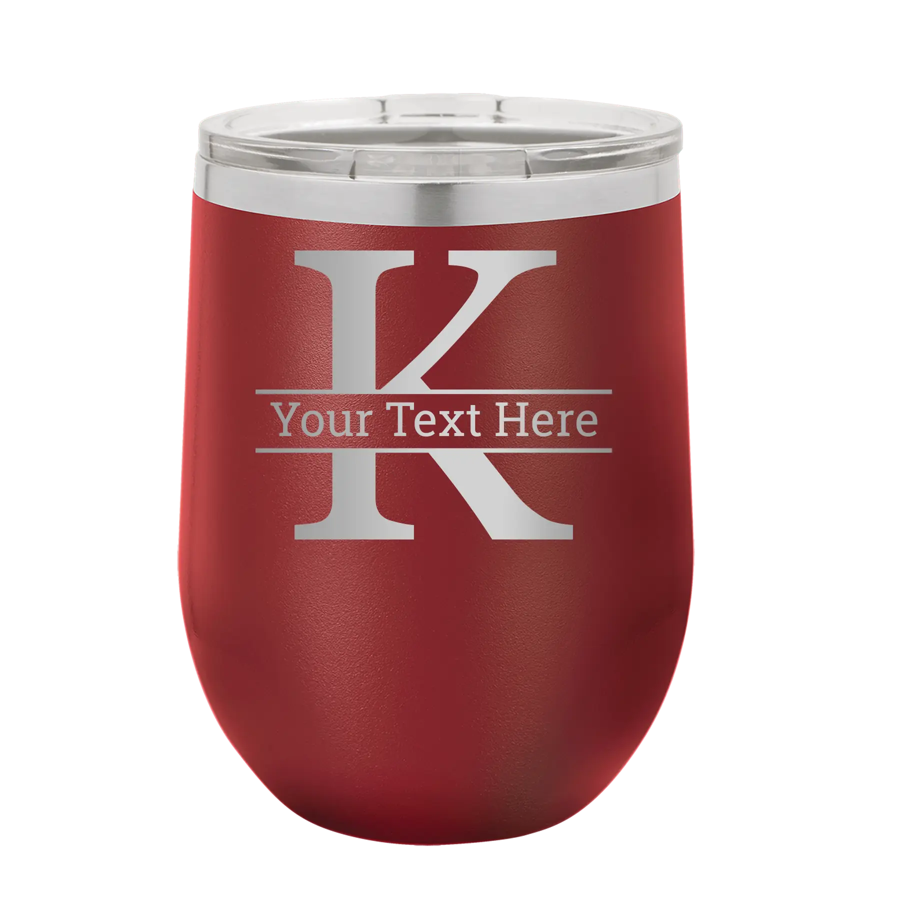 Personalized maroon 12 oz vacuum insulated wine cup with 'Monogram letter K' design