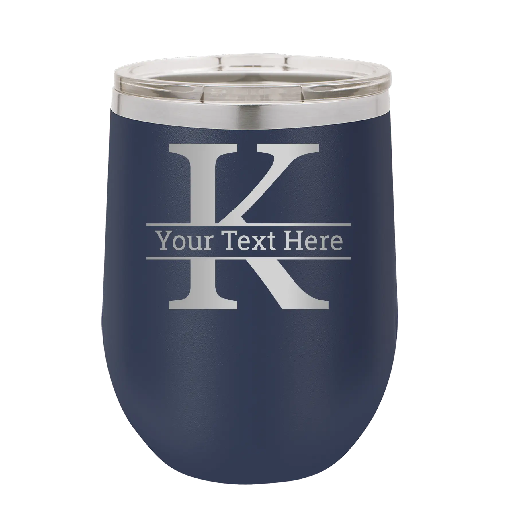 Personalized navy 12 oz vacuum insulated wine cup with 'Monogram letter K' design