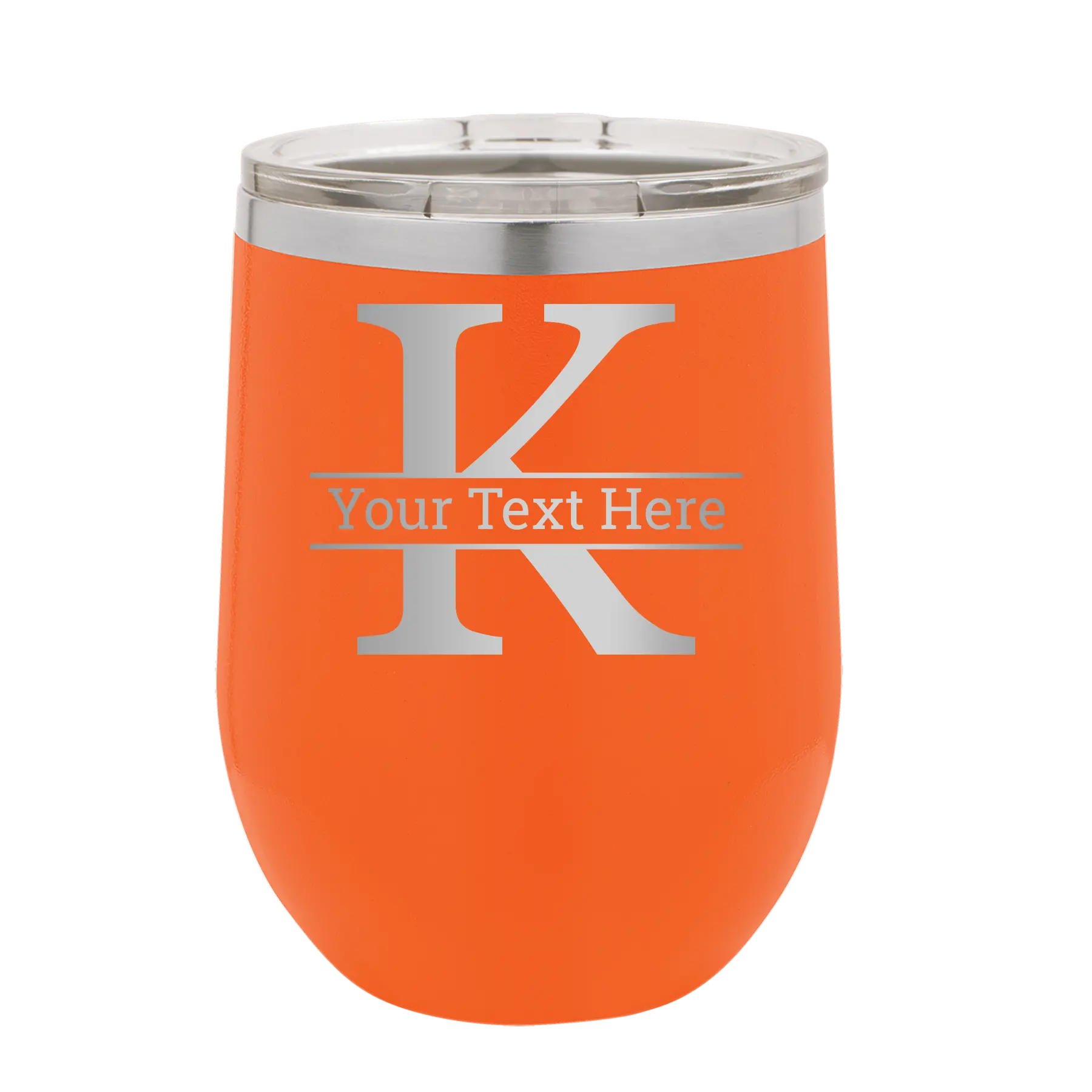 Personalized orange 12 oz vacuum insulated wine cup with 'Monogram letter K' design