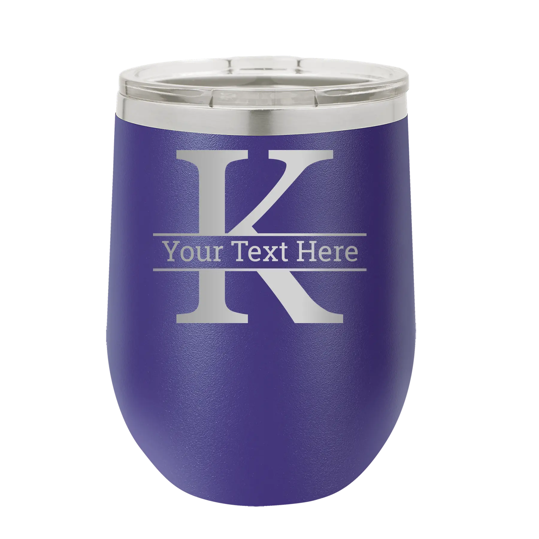 Personalized purple 12 oz vacuum insulated wine cup with 'Monogram letter K' design