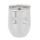 Personalized white 12 oz vacuum insulated wine cup with 'Monogram letter K' design