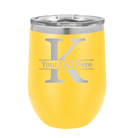 Personalized yellow 12 oz vacuum insulated wine cup with 'Monogram letter K' design