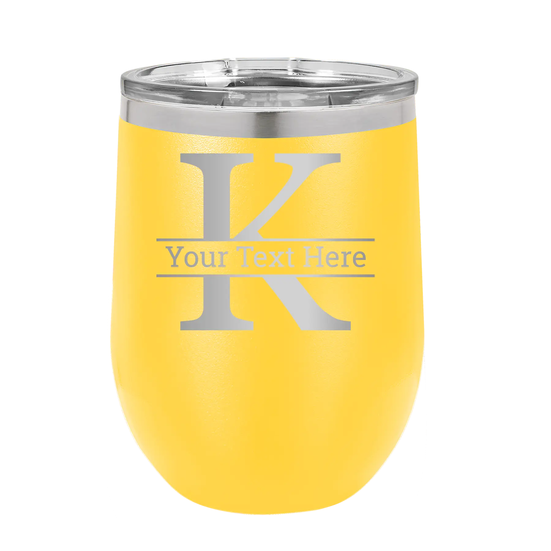 Personalized yellow 12 oz vacuum insulated wine cup with 'Monogram letter K' design