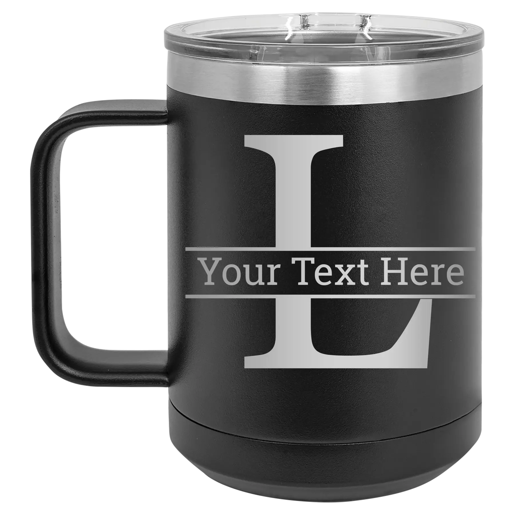 Personalized black 15 oz vacuum insulated coffee mug with 'Monogram letter L' design