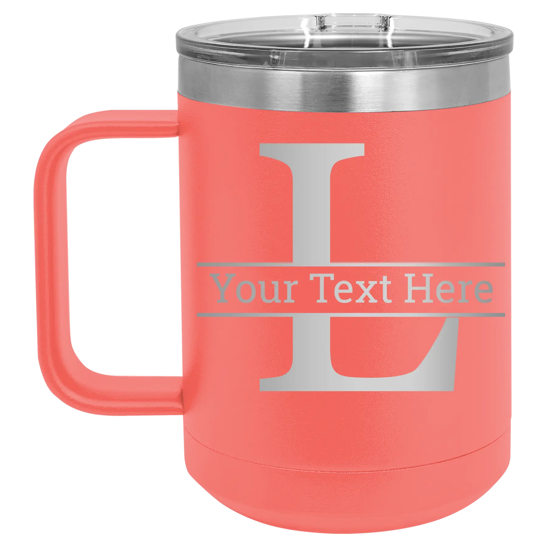 Personalized coral 15 oz vacuum insulated coffee mug with 'Monogram letter L' design