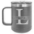 Personalized dark gray 15 oz vacuum insulated coffee mug with 'Monogram letter L' design