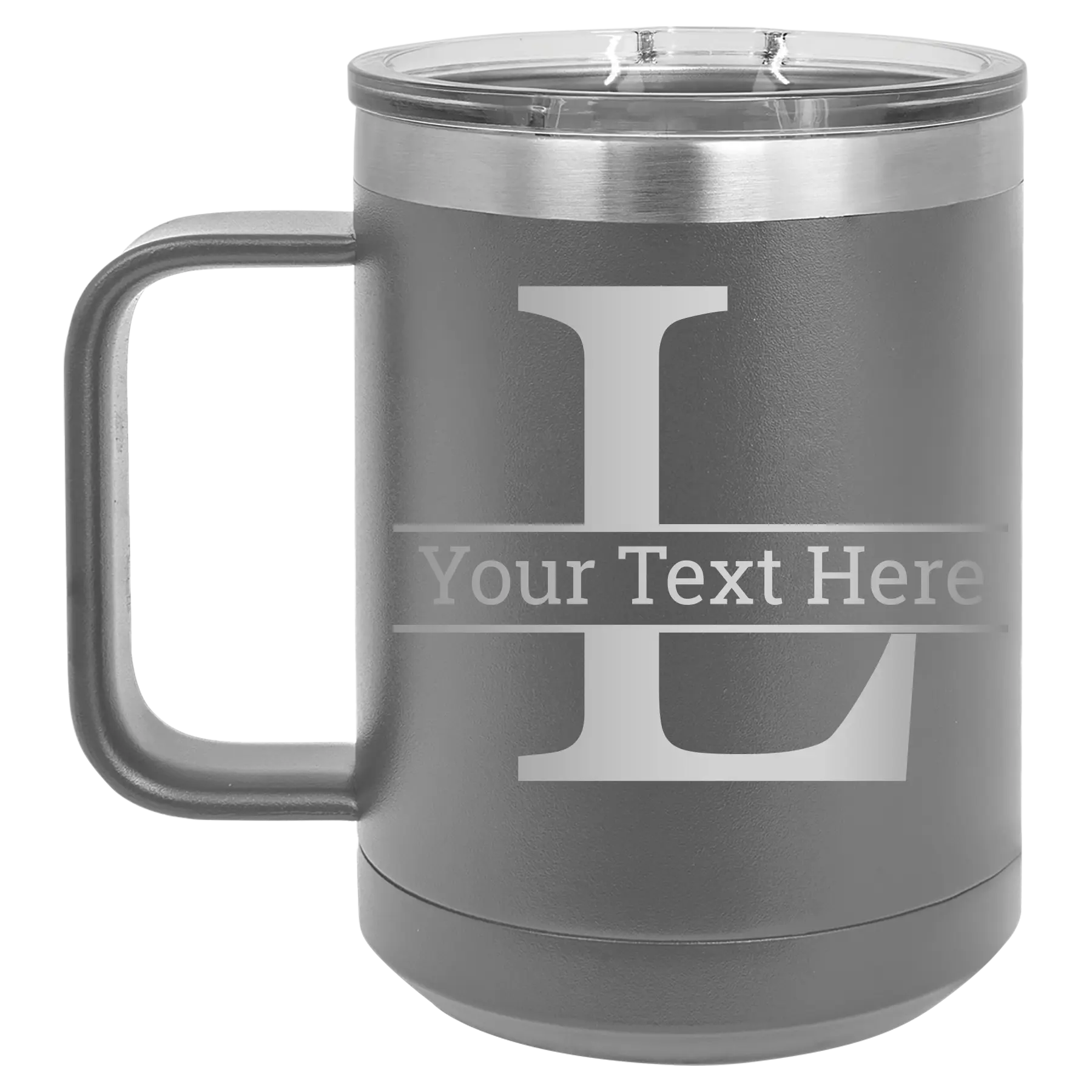 Personalized dark gray 15 oz vacuum insulated coffee mug with 'Monogram letter L' design