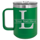 Personalized green 15 oz vacuum insulated coffee mug with 'Monogram letter L' design