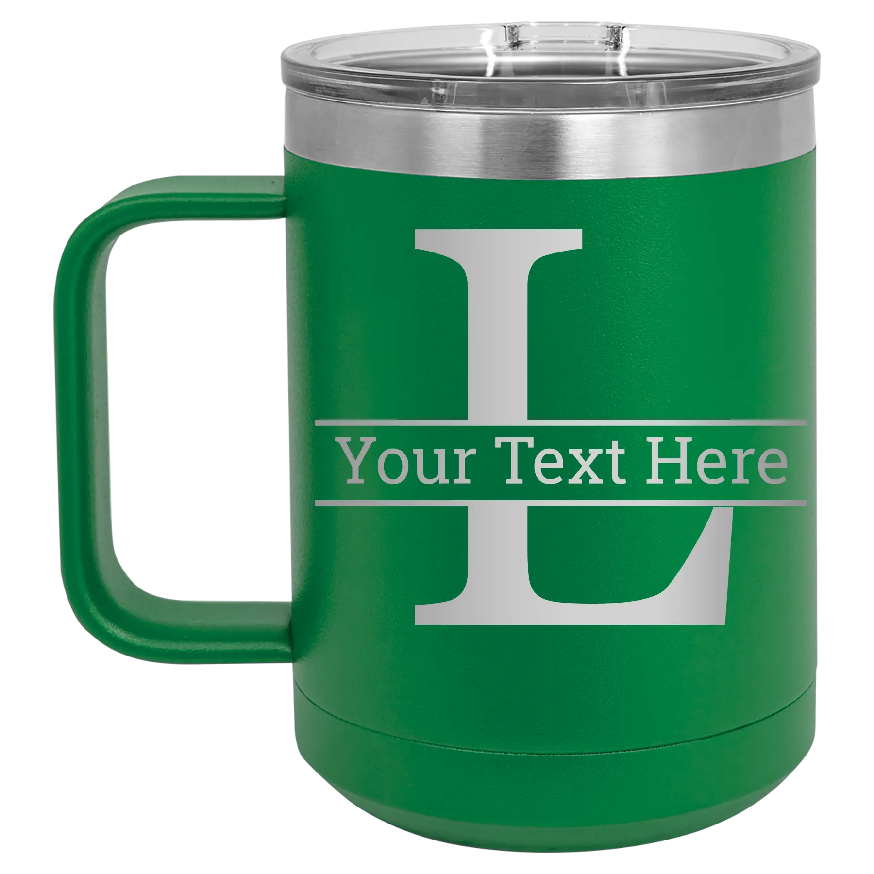 Personalized green 15 oz vacuum insulated coffee mug with 'Monogram letter L' design