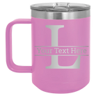 Personalized light purple 15 oz vacuum insulated coffee mug with 'Monogram letter L' design