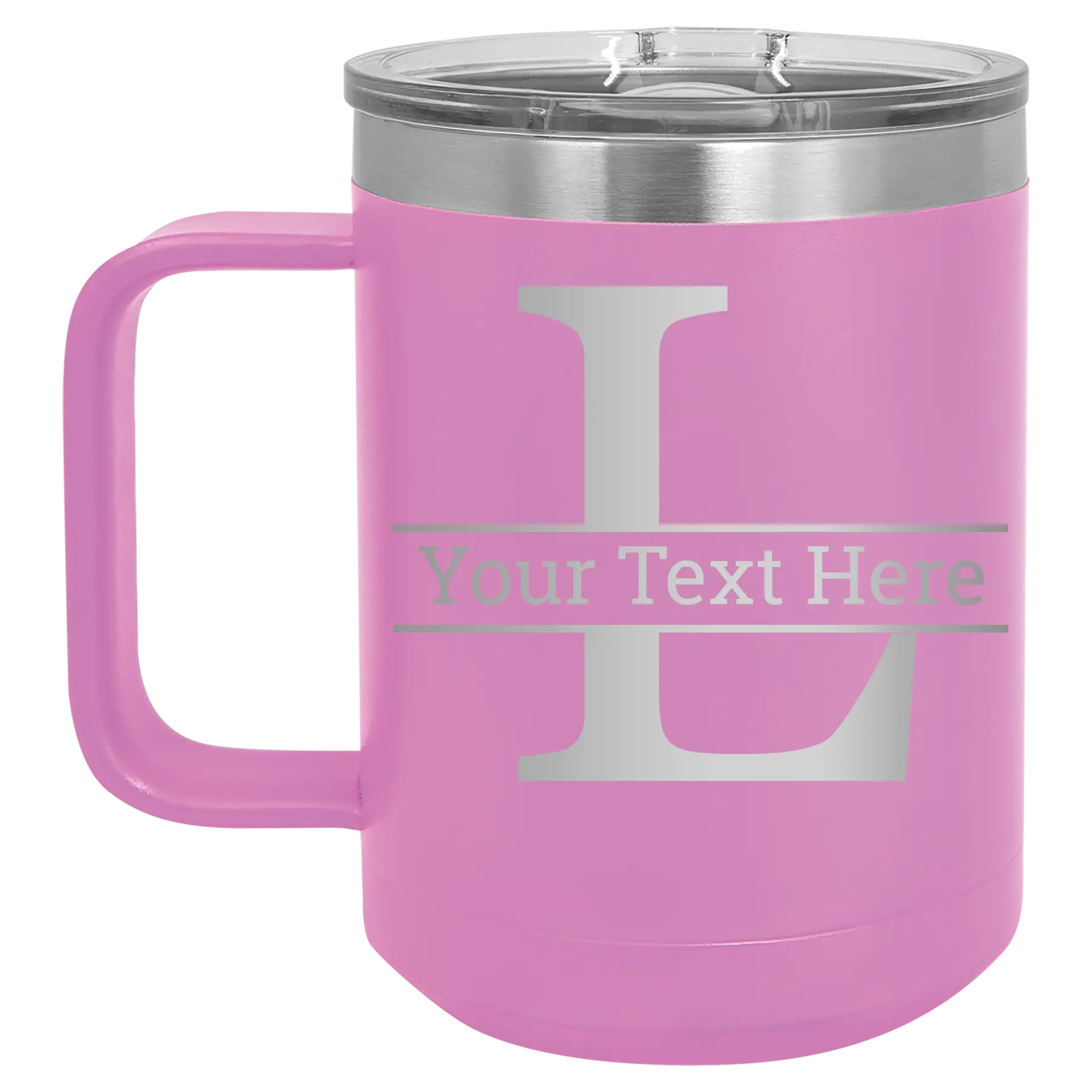 Personalized light purple 15 oz vacuum insulated coffee mug with 'Monogram letter L' design