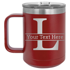 Personalized maroon 15 oz vacuum insulated coffee mug with 'Monogram letter L' design