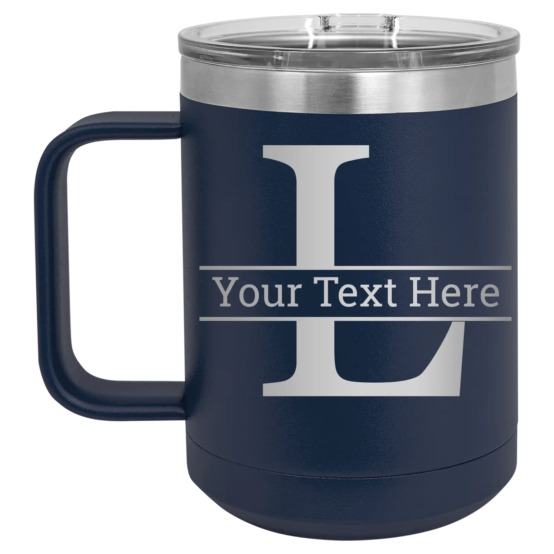 Personalized navy 15 oz vacuum insulated coffee mug with 'Monogram letter L' design