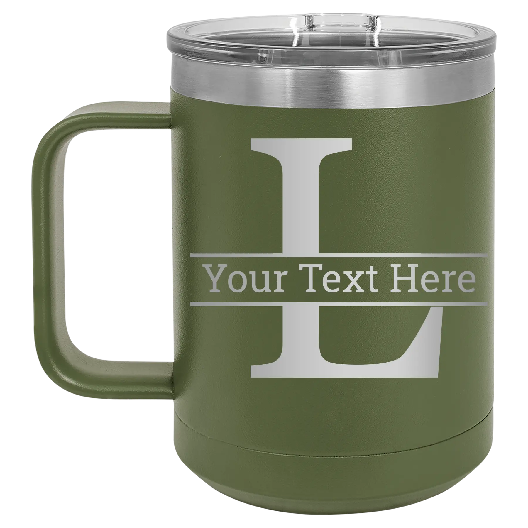 Personalized olive green 15 oz vacuum insulated coffee mug with 'Monogram letter L' design