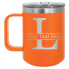 Personalized orange 15 oz vacuum insulated coffee mug with 'Monogram letter L' design