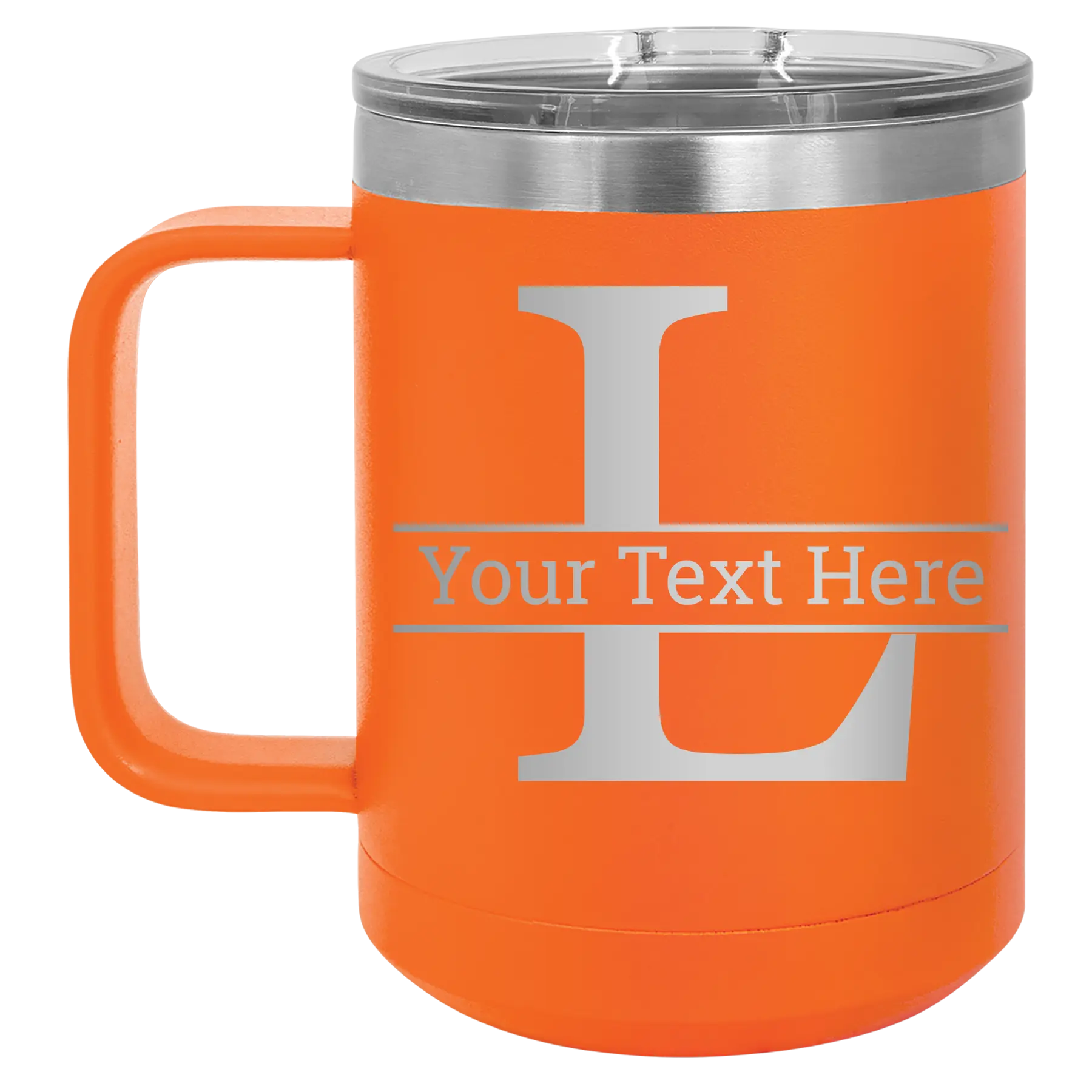 Personalized orange 15 oz vacuum insulated coffee mug with 'Monogram letter L' design