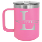 Personalized pink 15 oz vacuum insulated coffee mug with 'Monogram letter L' design