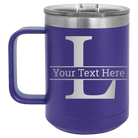 Personalized purple 15 oz vacuum insulated coffee mug with 'Monogram letter L' design