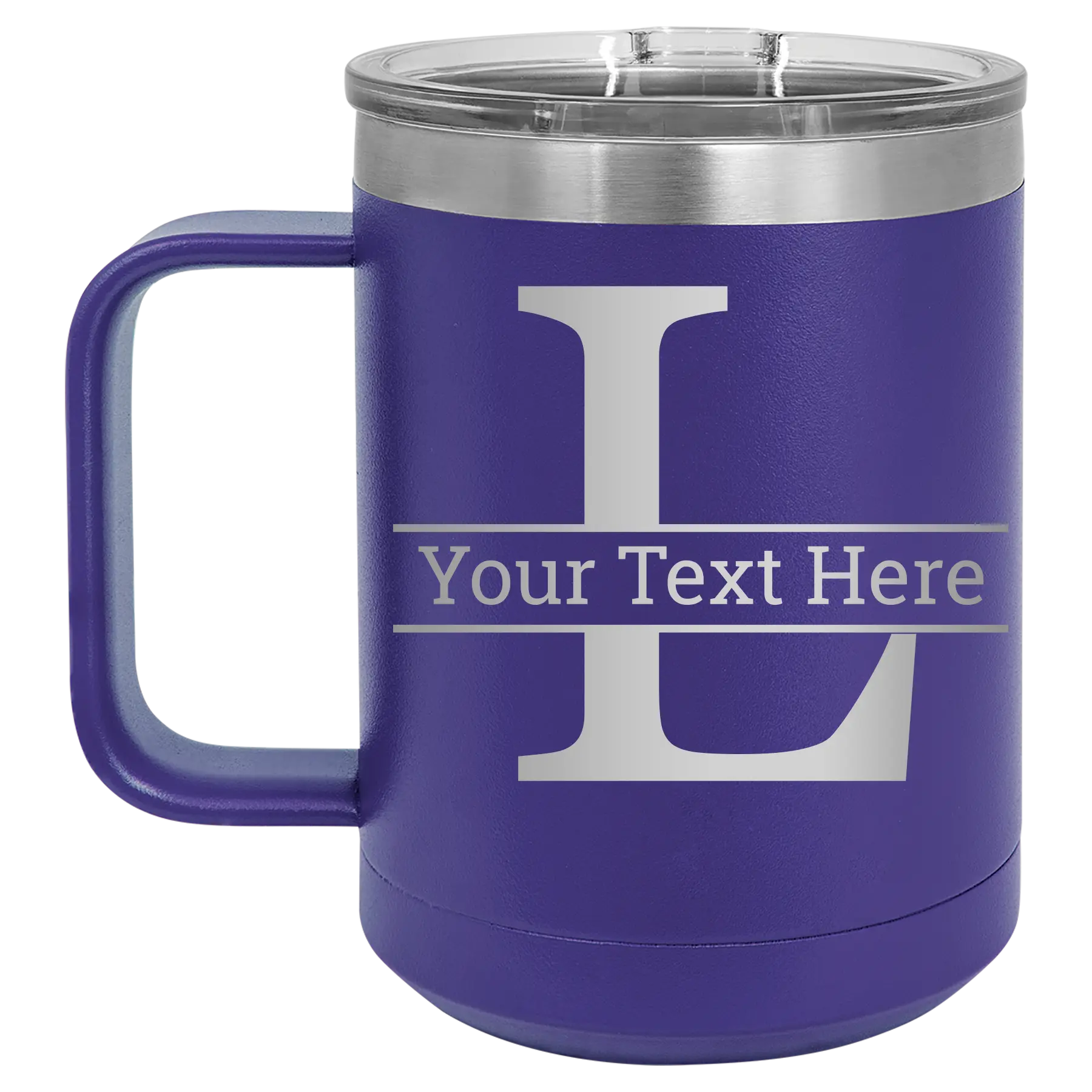 Personalized purple 15 oz vacuum insulated coffee mug with 'Monogram letter L' design