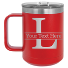Personalized red 15 oz vacuum insulated coffee mug with 'Monogram letter L' design